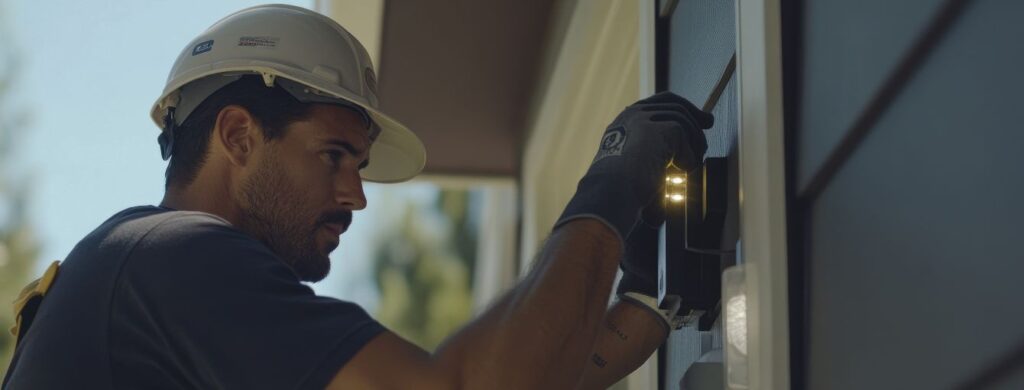 An electrician working on the lighting on a house.