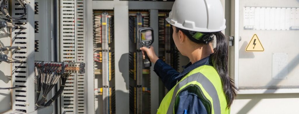 An electrician is working on a breaker.